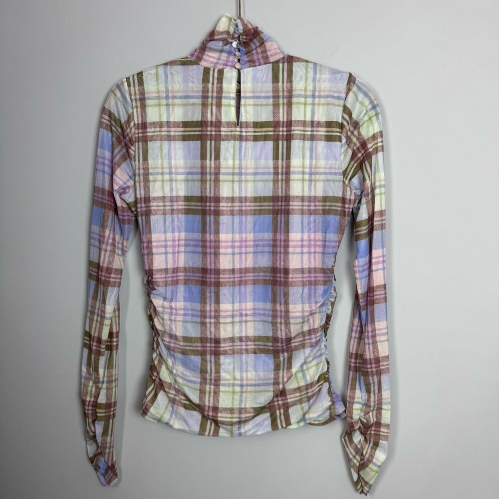CINQ A SEPT | Plaid Turtleneck Long Sleeve Sheer Mesh Top Women’s Size Medium - Picture 6 of 7